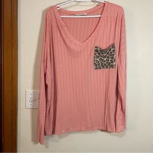 Pink Long Sleeve Shirt with Cheeta Print Pocket